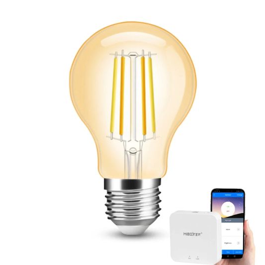 Wifi set met Dual White smart filament lamp van Milight 7W E27 fitting - Amberkleurig A60 model - Met Milight module